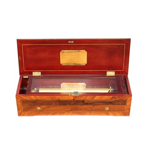 A Swiss eight air rosewood inlaid cylinder music box, LeCoultre, circa 1860.